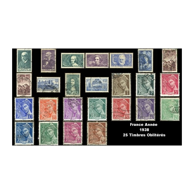 Année 1938 - 25 Timbres de France oblitéré.