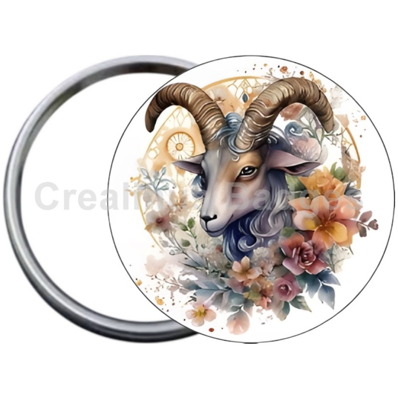 Badge Métal Miroir de 58 m/m avec Motif. (CAPRICORNE).