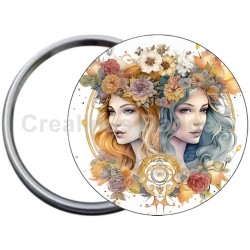 Badge Métal Miroir de 58 m/m avec Motif. (GEMEAUX).