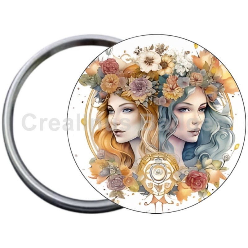 Badge Métal Miroir de 58 m/m avec Motif. (GEMEAUX).