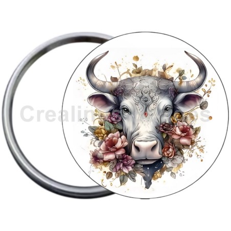Badge Métal Miroir de 58 m/m avec Motif. (TAUREAU).