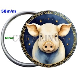 Badge Métal Miroir de 58 m/m avec Motif Zodiaque Chinois. (COCHON).