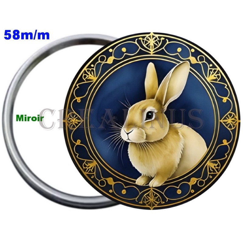 Badge Métal Miroir de 58 m/m avec Motif Zodiaque Chinois. (LAPIN).