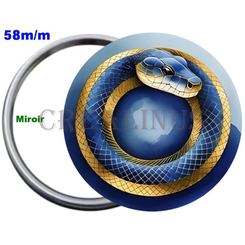 Badge Métal Miroir de 58 m/m avec Motif Zodiaque Chinois. (SERPENT).