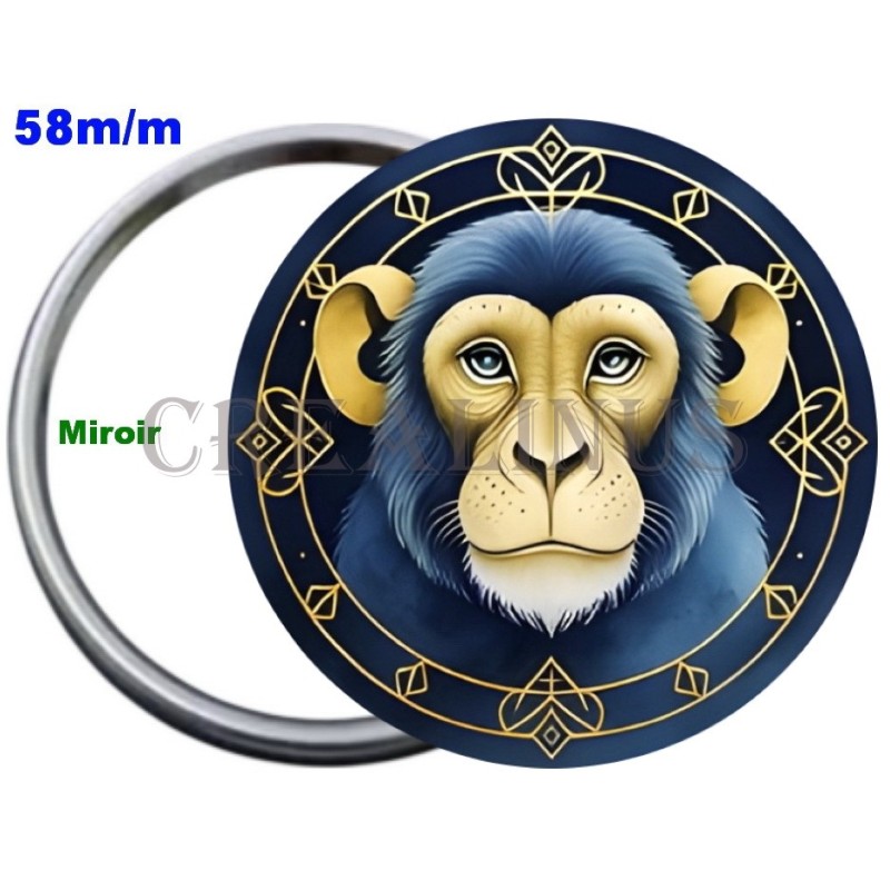 Badge Métal Miroir de 58 m/m avec Motif Zodiaque Chinois. (SINGE).