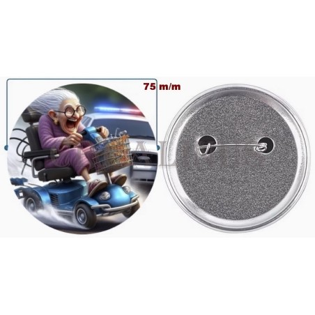 Badge épingle 75 m/m avec Motif.