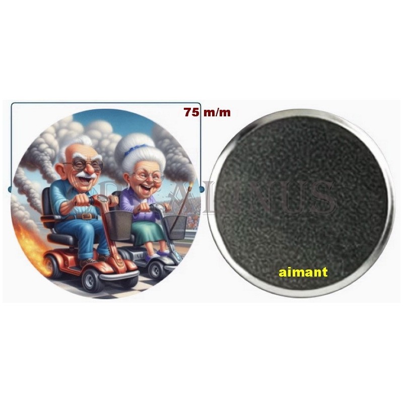 Badge Magnet Aimant 75 m/m avec Motif.