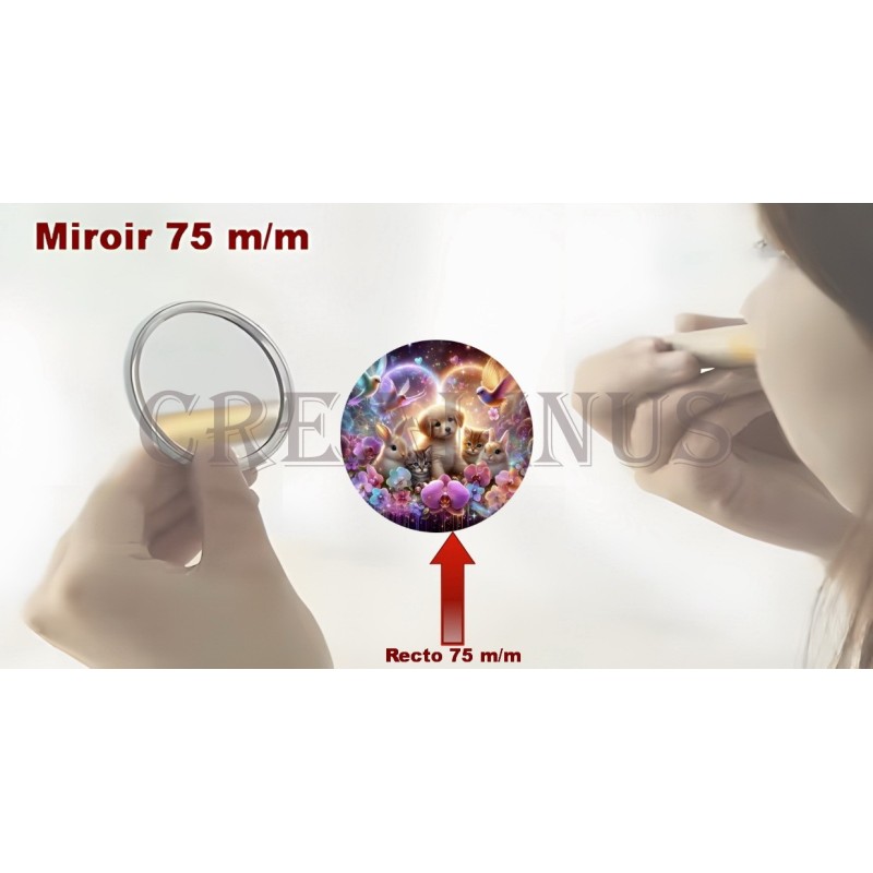Badge Miroir Cosmétique de 75 m/m avec Motif divers.