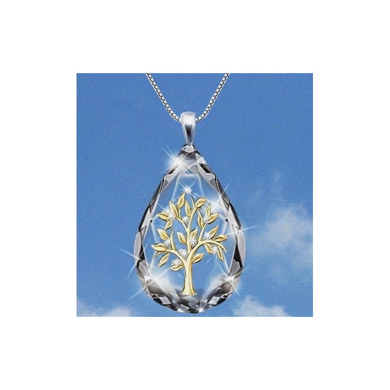 Pendentif cristal a facette 25 x 20 m/m + arbre de vie métal doré