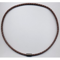 Collier cuir véritable tressé café pour homme femme, 35 à 60 cm x 4 m/m neuf.