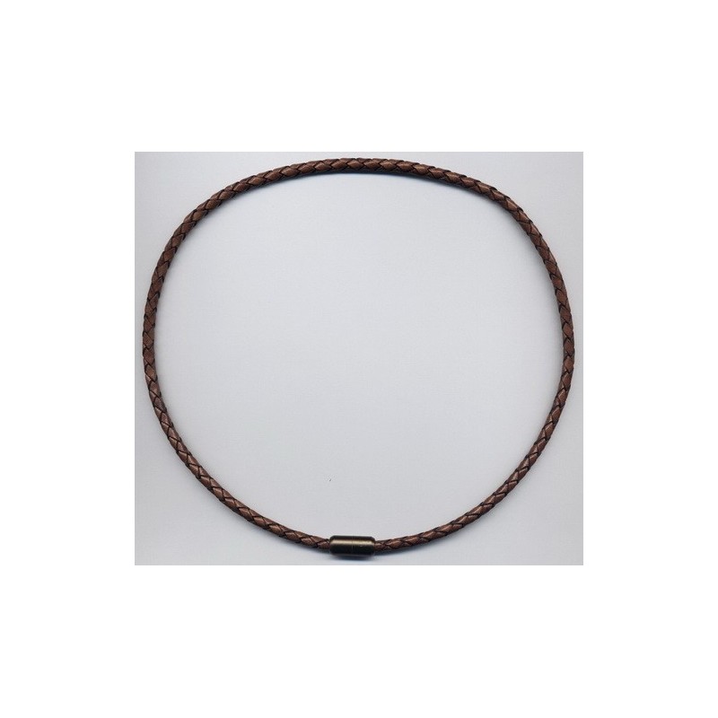 Collier cuir véritable tressé café pour homme femme, 35 à 60 cm x 4 m/m neuf.