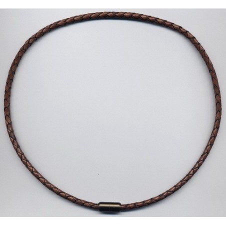 Collier cuir véritable tressé café pour homme femme, 35 à 60 cm x 4 m/m neuf.