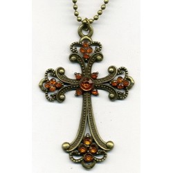 Collier Pendentif Croix métal bronzé et strass avec chaîne.