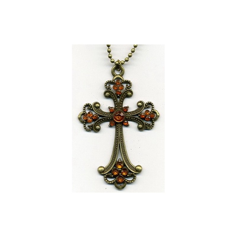 Collier Pendentif Croix métal bronzé et strass avec chaîne.