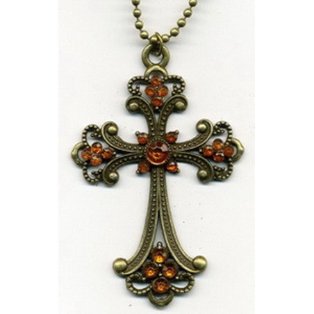 Collier Pendentif Croix métal bronzé et strass avec chaîne.