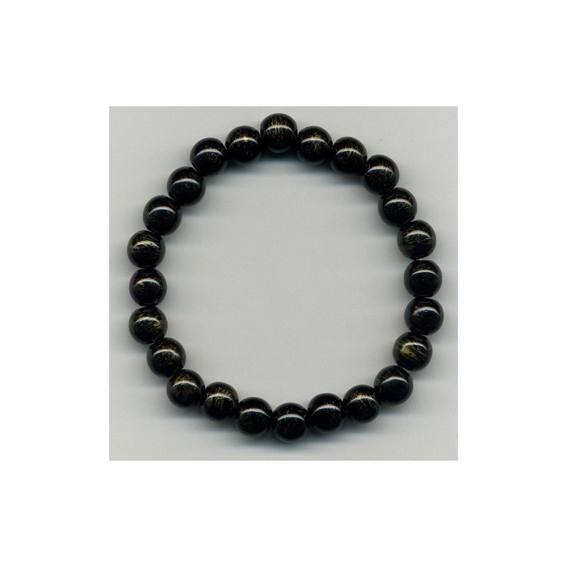 Bracelet Perles Pierre naturelle 20 cm x 8 m/m Onyx noir rayure doré.