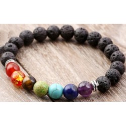 Bracelet Perles Pierre naturelle 18,5 cm X 8 m/m. PIERRE DE LAVE+CHAKRAS