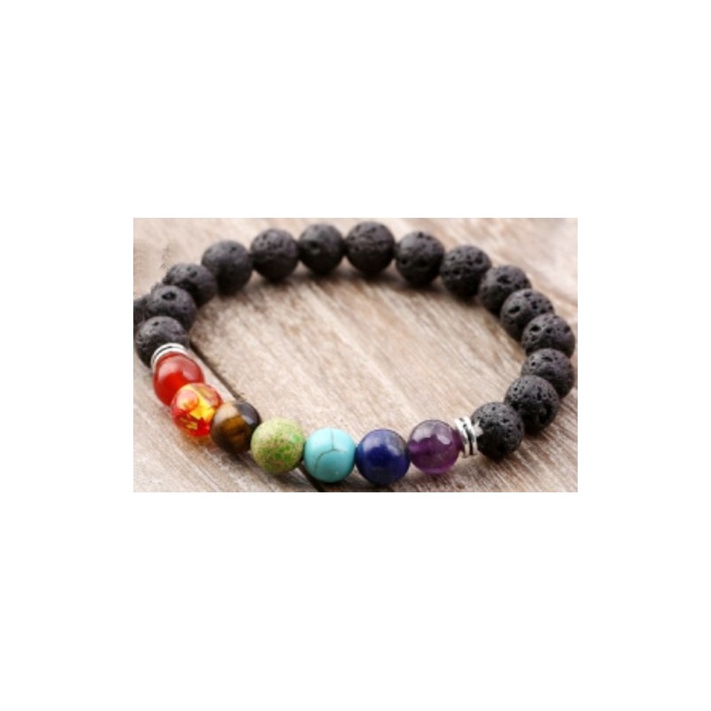 Bracelet Perles Pierre naturelle 18,5 cm X 8 m/m. PIERRE DE LAVE+CHAKRAS