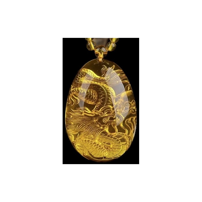 Collier Pendentif Dragon en Résine d'Ambre sculpté Doré Bohème