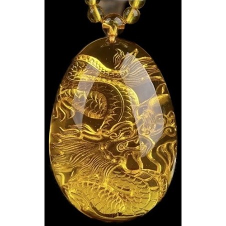 Collier Pendentif Dragon en Résine d'Ambre sculpté Doré Bohème