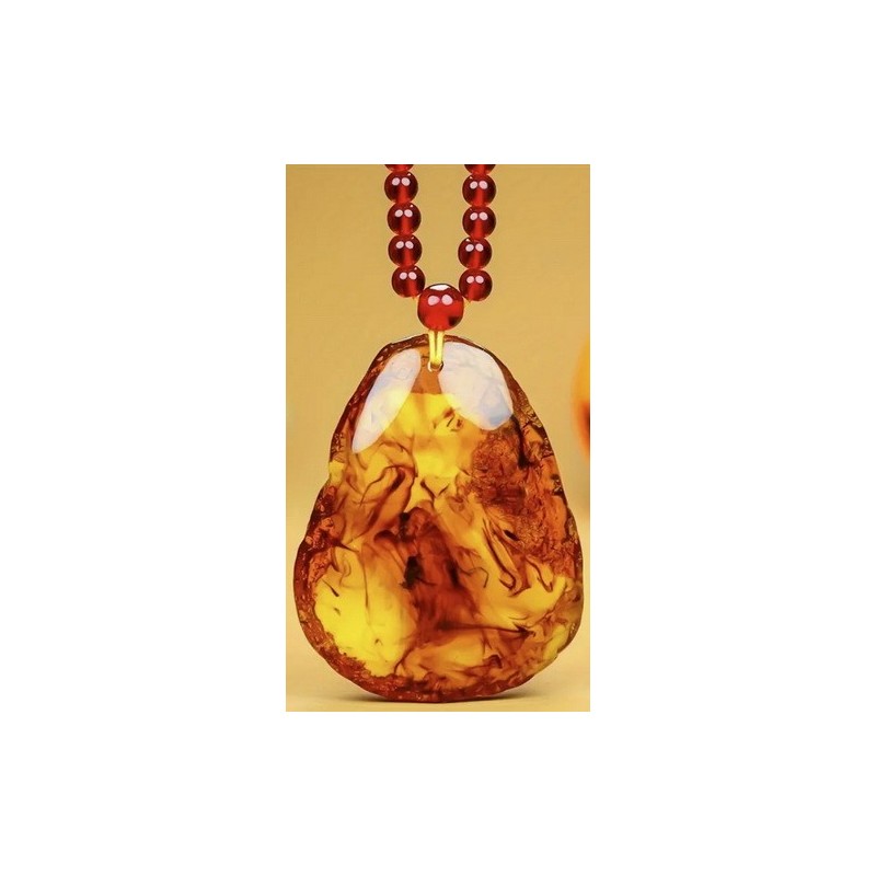 Collier Pendentif en résine naturelle d'Ambre avec chaîne de perle rouge