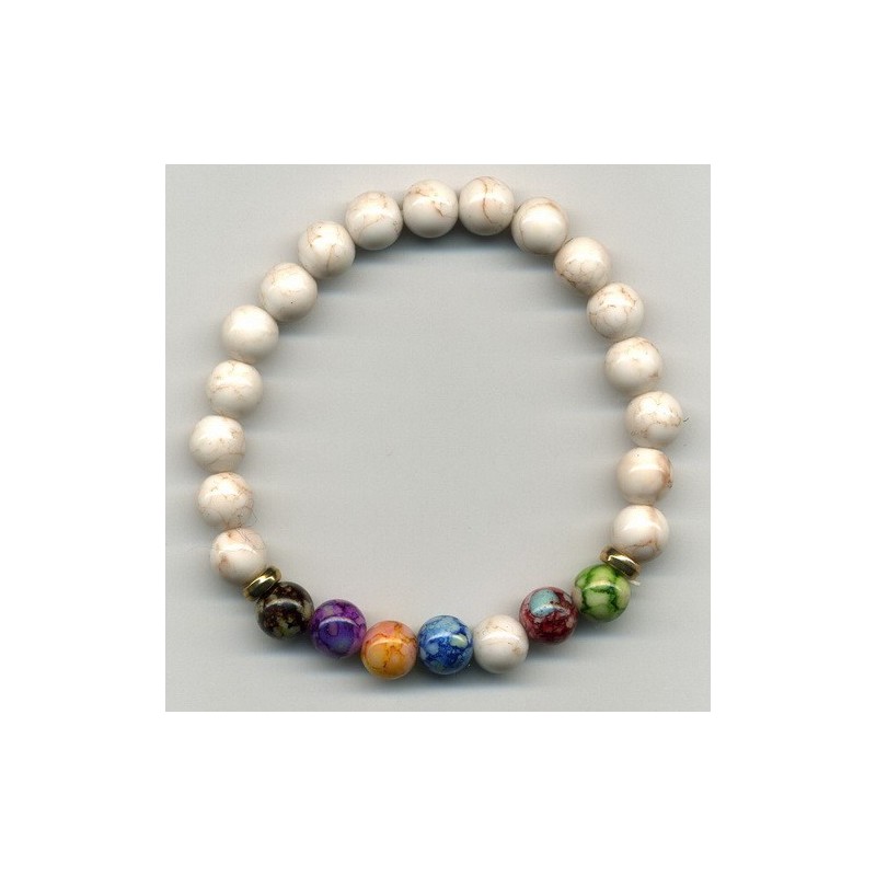 Bracelet Perles Pierre naturelle. 17 cm x 8  m/m. TURQUOISE BLANC-CHAKRAS.