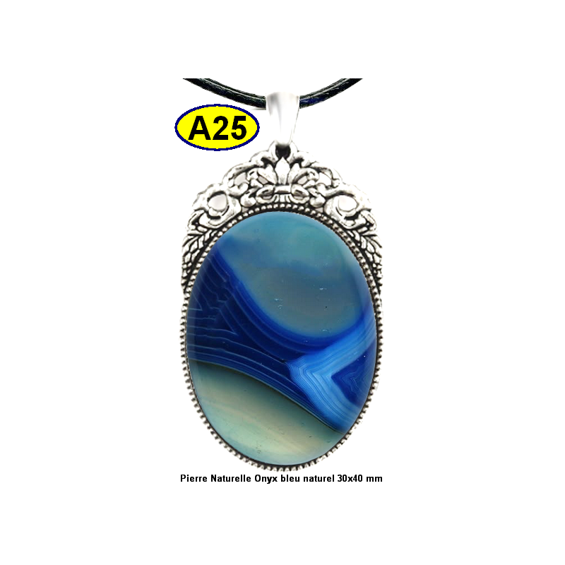 Pendentif Onyx bleu Pierre Naturelle 30x40 mm Pierre Rare.