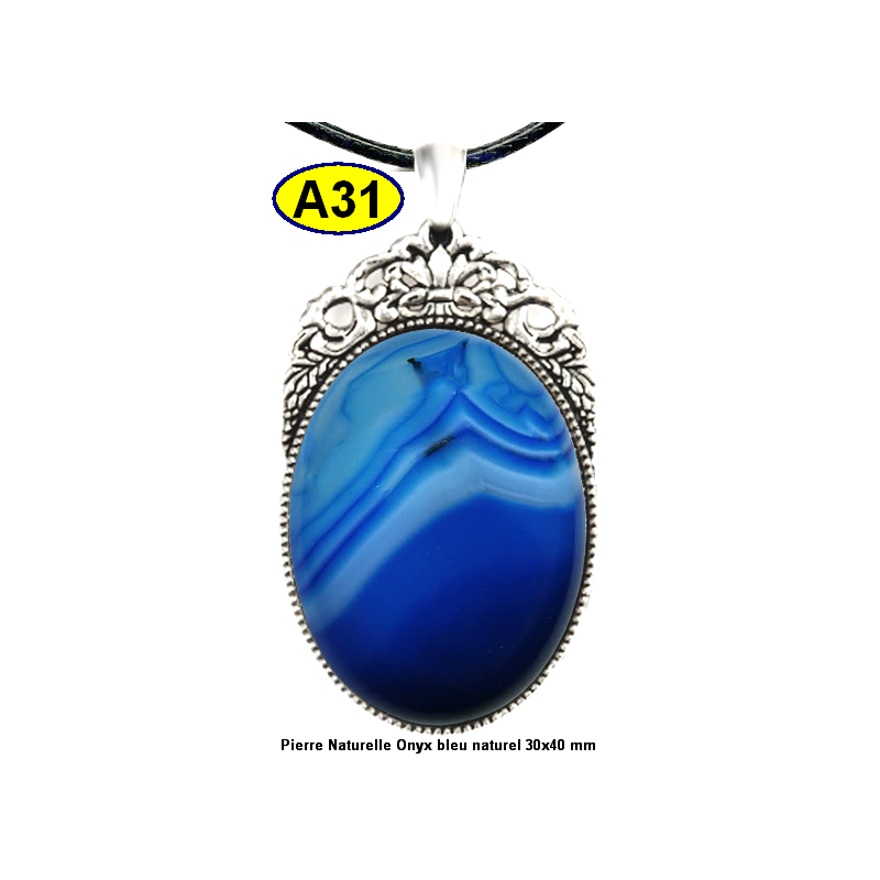 Pendentif Onyx bleu Pierre Naturelle 30x40 mm Pierre Rare.