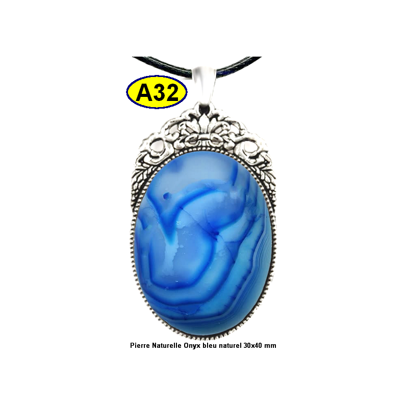 Pendentif Onyx bleu Pierre Naturelle 30x40 mm Pierre Rare.