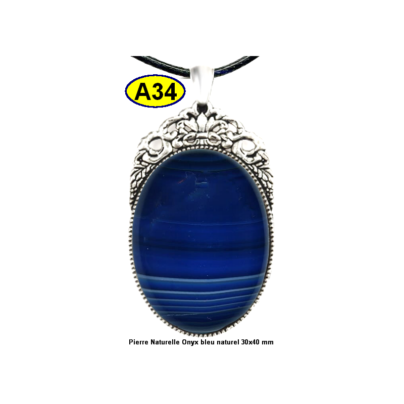 Pendentif Onyx bleu Pierre Naturelle 30x40 mm Pierre Rare.